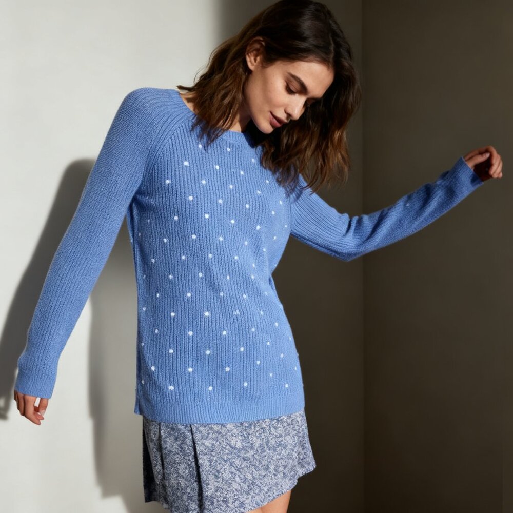 Elle Periwinkle Blue Polka Dot Knit Sweater - Size S/P | 100% Cotton